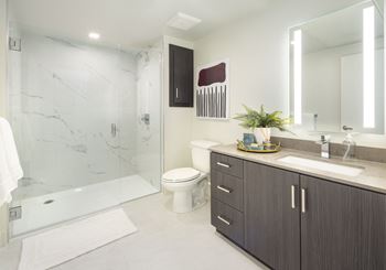 a bathroom with a sink and a shower and a toilet
